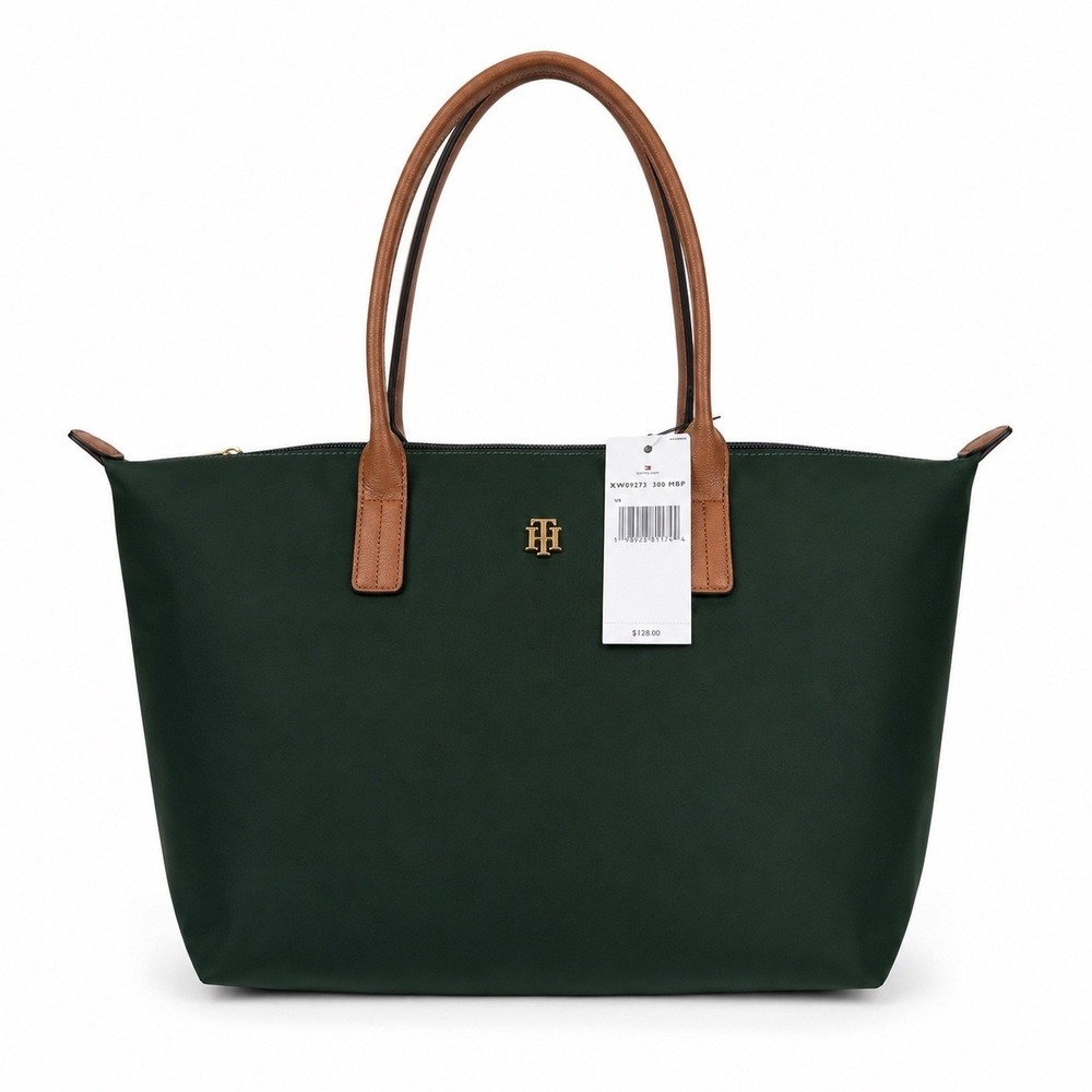Tommy Hilfiger Green Nylon Tote Bag Tan Handles XW09273 300 MBP
